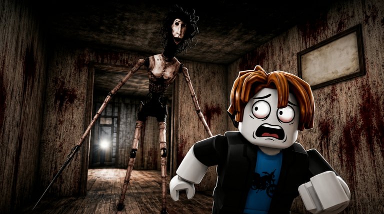 A Roblox survivor screams in a blood-stained hallway as a tall puppet-like monster from MM2 of The Monsters closes in