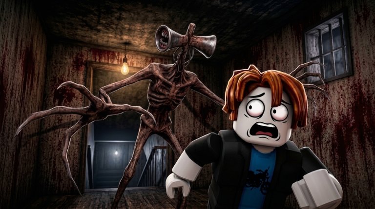 Siren-headed Locust monster chasing a Roblox avatar through a ruined interior in MM2 of The Monsters